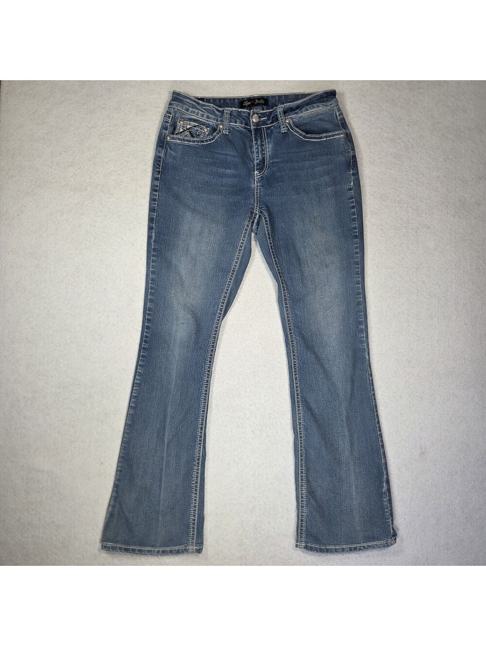 Love Indigo Y2K Premium Bootcut Jeans Womens Sz 10 Cross Embroidered Back Denim